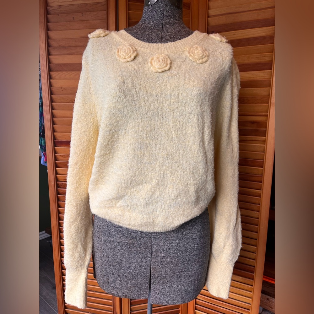 Joie Light Yellow Crewneck Sweater with Floral Appliqués